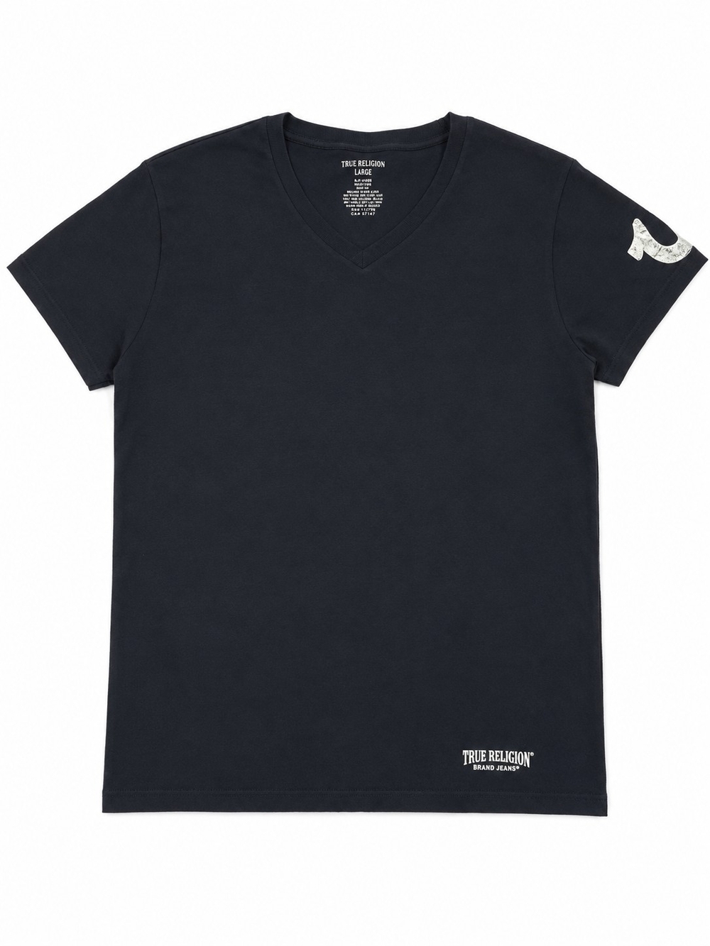 True Religion Men's Black V-Neck Tee with Silver Logo Accents Size Large